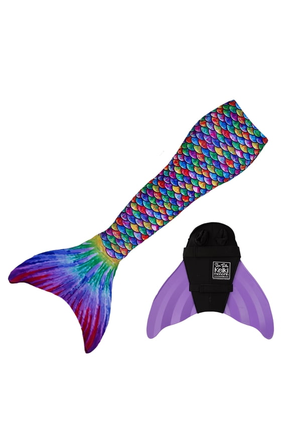 Sun Tail Mermaid Swim Set, Hawaiian Rainbow Mermaid Tail and Lavender Monofin for Swimming, Size - Child Medium