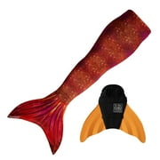 Sun Tail Mermaid Swim Set; Tiger Queen Mermaid Tail + Orange Monofin for Swimming; size - Child Large