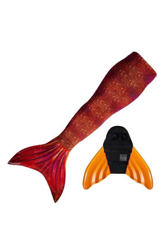 Sun Tail Mermaid Swim Set; Tiger Queen Mermaid Tail + Orange Monofin for Swimming; size - Teen/Adult Small (JS)