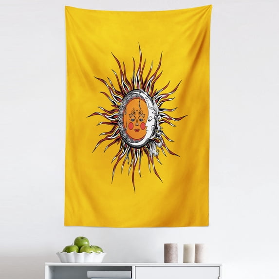 Sun Tapestry, Abstract Celestial Patterns with Anthropomorphic Faces Leaves and Swirled Stripes Sky, Fabric Wall Hanging Decor for Bedroom Living Room Dorm, 5 Sizes, Multicolor, by Ambesonne