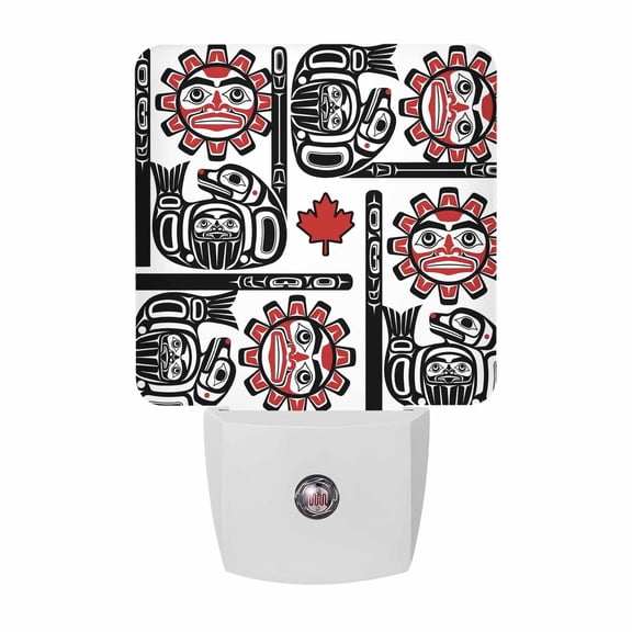 Sun Totem Night Lights, Country Vintage Abstract Red Maple Leaf Black Outlines Smart Auto Dusk to Dawn Sensor Nightlights Plug-in Nightlight for Bedroom Bathroom Living Room Kitchen Hallway