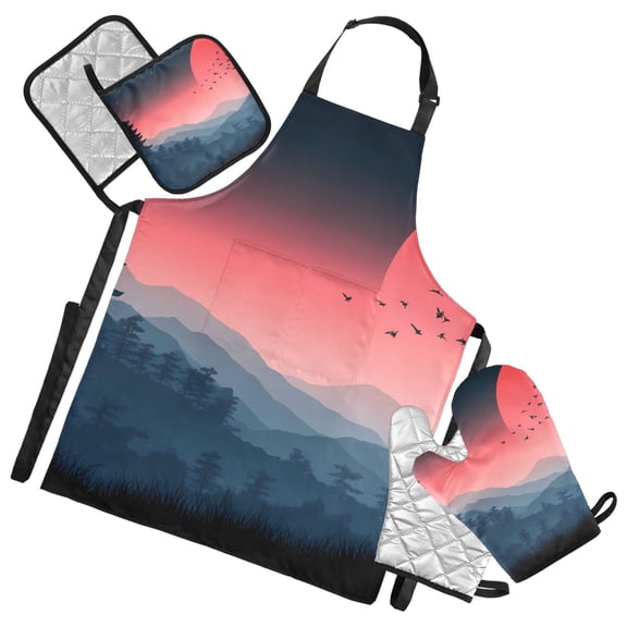 Sun Tower Cherry Mountains 5 Pcs Kitchen Set Heat Resistant Oven Mitts and Non-Slip Pot Holders with Adjustable Cooking Apron