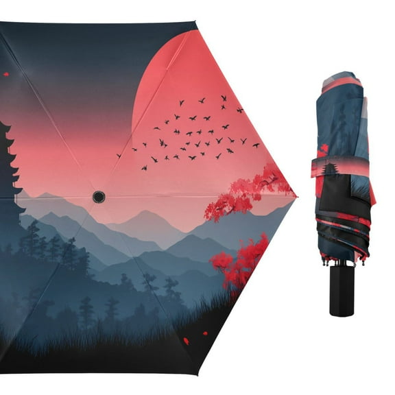 Sun Tower Cherry Mountains Compact Sun Umbrella Windproof Travel Umbrellas for Rain Strong Portable UV Protection