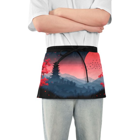 Sun Tower Cherry Mountains Server Apron with 3 Pockets Waterproof Waitress Waist Short Apron for Man Woman 12 Inches