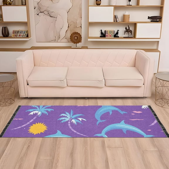 Sun Trees Whales Purple Runner Rug Non-Slip Area Rugs Linen Washable Non Shedding for Kitchen Bedroom Carpet