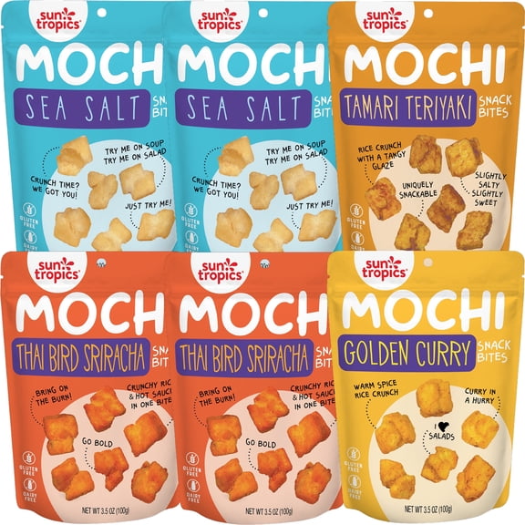 Sun Tropics MOCHI Snack Bites, Variety 6-pack: Sea Salt (2 packs, 3.5oz), Thai Bird Sriracha (2 packs, 3.5oz), Tamari Teriyaki (1 pack, 3.5oz), Golden Curry (1 pack, 3.5oz)