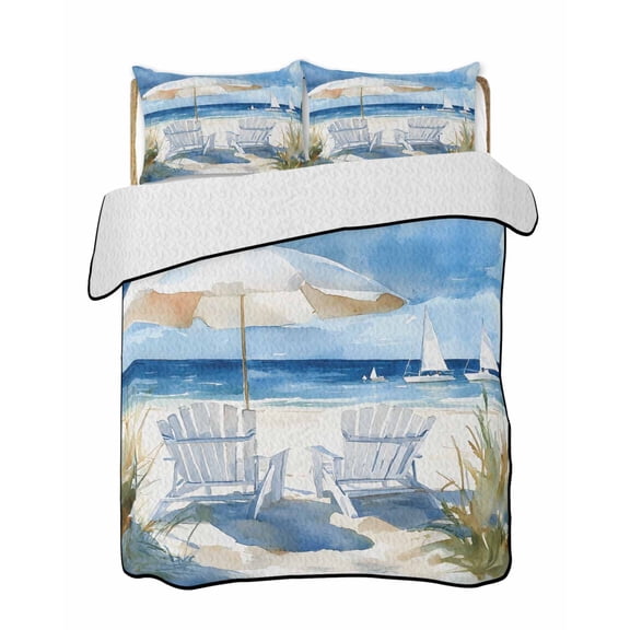 Sun Umbrella Ship Quilts Bedding Set Twin Size Watercolor Beach Chair Lightweight Quilted Bedspread 3 Piece Bed Quilt with 2 Pillow Shams All Season for Bedroom 68" x 86"