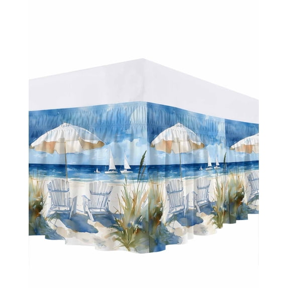 Sun Umbrella Ship Ruffle Bed Skirt Queen Size Watercolor Beach Chair Adjustable Elastic Dust Bed Skirts Wrap Around Bedskirt Wrinkle Free Easy Fit with 16 Inch Drop