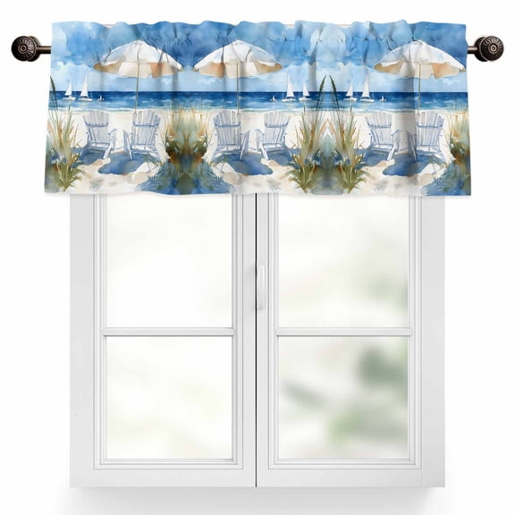 Sun Umbrella Ship Valances for Windows, 54 x 18in, Watercolor Beach Chair Summer Beach Rod Pocket Kitchen Valance Curtain Light Filtering Window Treatments for Living Room Bedroom, 1 Panel