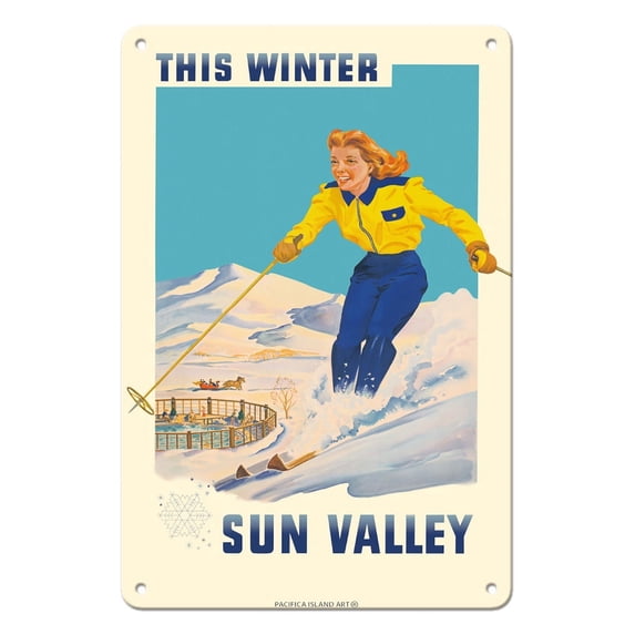 Sun Valley Idaho - This Winter Skiing - Bald Mountain “Baldy” - Vintage Travel Poster c.1939 - 8 x 12 inch Vintage Metal Tin Sign