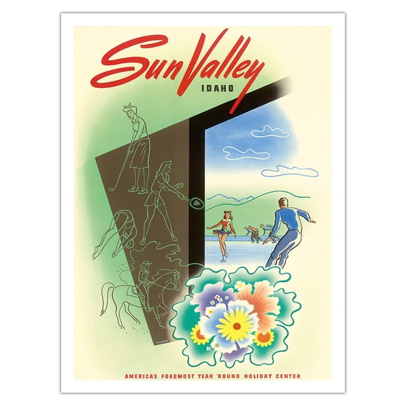 Sun Valley Idaho USA - Ice Skating - Vintage Travel Poster by William & Kenneth Willmarths c.1960s - Bamboo Fine Art 290gsm Paper (Unframed) 12x16in