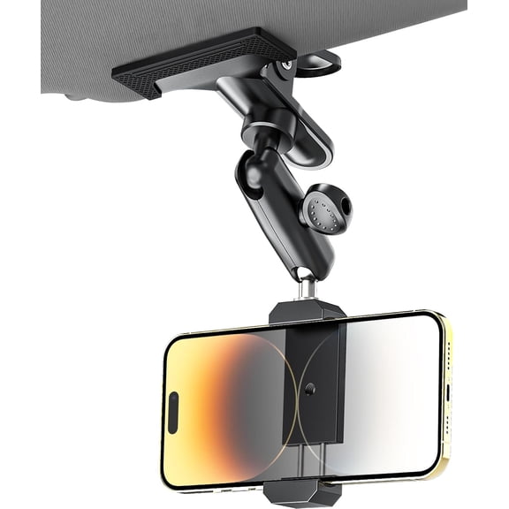 Sun Visor Car Phone Mount, Upgraded Durable All Metal - Cell Phone Holder for Car Visor, 360 Adjustable Steering Wheel Clip for iPhone 16 15 14 13 Pro Max, Glalaxy S A Serie, Z Flip,4-7" Phone
