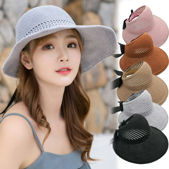 Sun Visor Hat Women Straw Wide Brim Roll Up Ponytail Summer Beach Cap