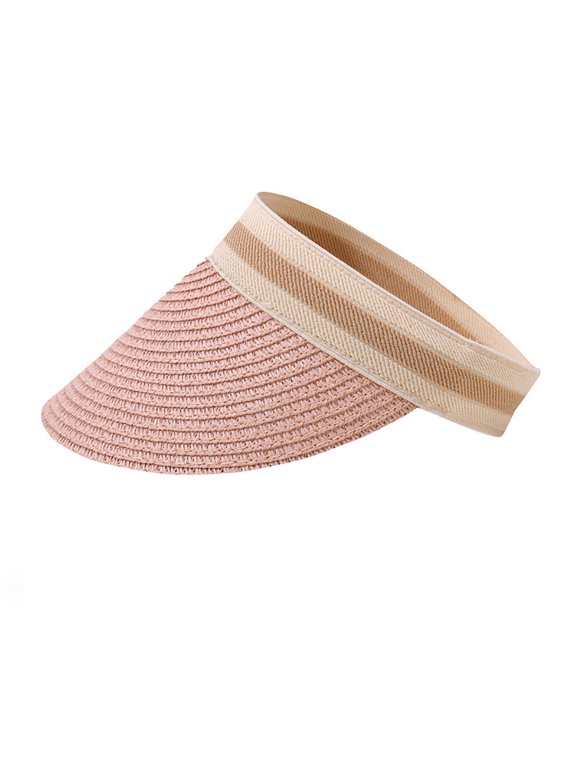 Sun Visor Hat for Women Wide Brim Straw Visors Beach Hat Ponytail UV UPF Packable Foldable Travel Pink Free Size