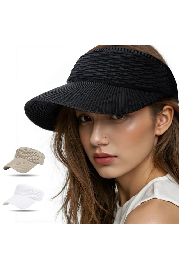 Sun Visor Hats, 3Pcs-Wide Brim Sun Hats with UV Protection, Knitted Running Visors for Women - Ponytail Friendly, Black+white+khaki