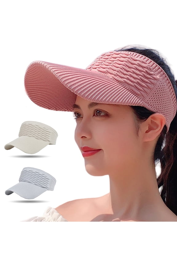 Sun Visor Hats, 3Pcs-Wide Brim Sun Hats with UV Protection, Knitted Running Visors for Women - Ponytail Friendly, pink+grey+Beige