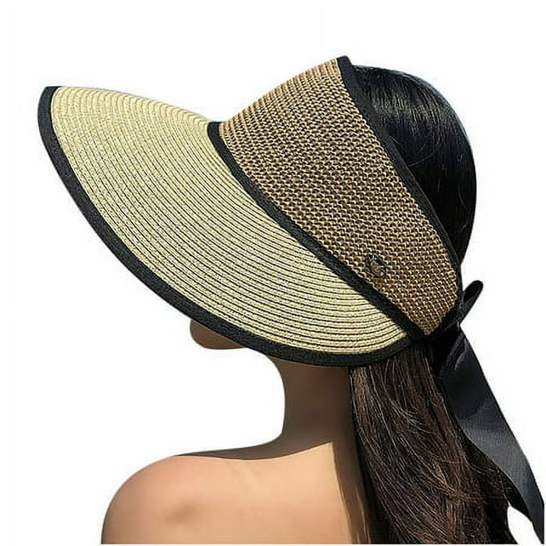 Sun Visor Hats for Women Straw Wide Brim Roll Up Ponytail Cap UV