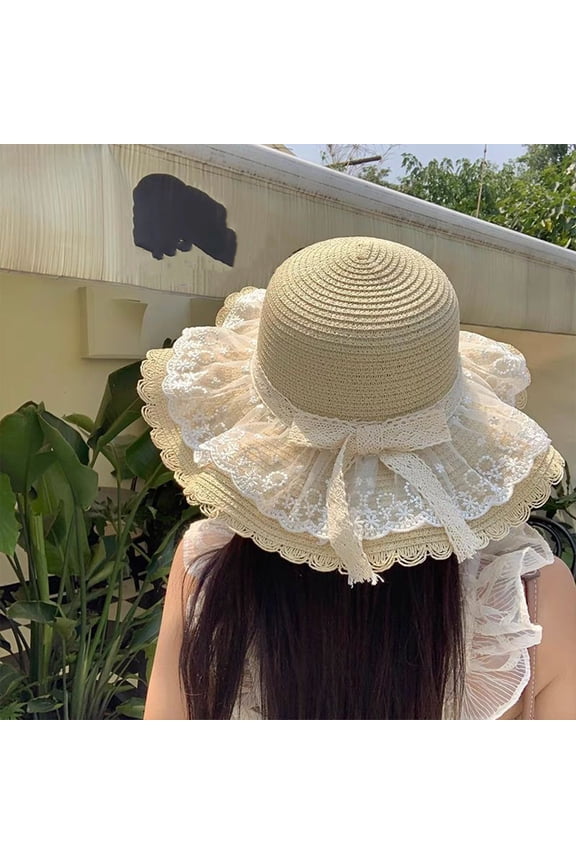 Sun Visor Hats for Women Wide Brim Floppy Lace Straw Beach Hat with Bow Elegant French Garden Hat Cute Vacation Visors Beige One Size