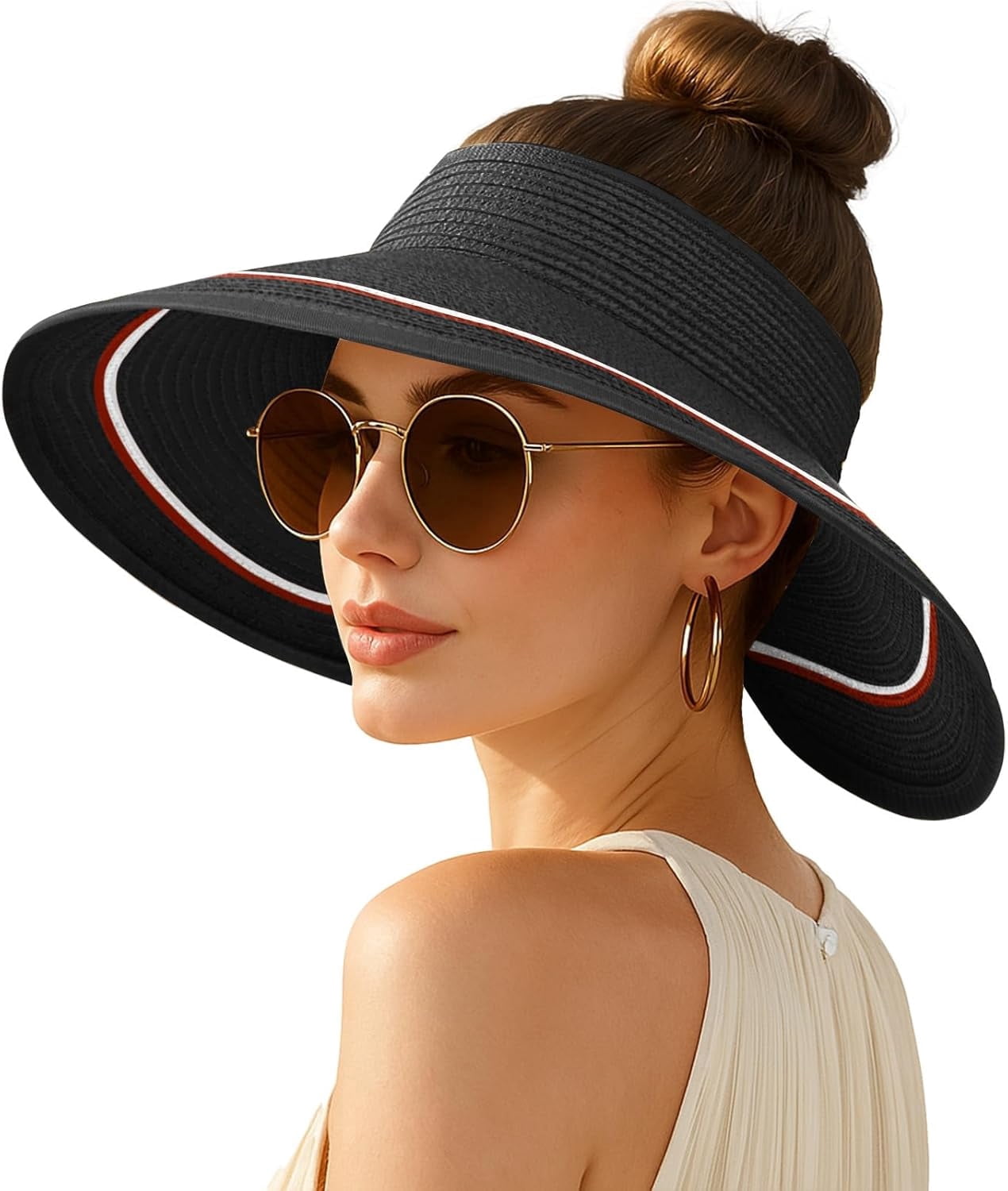 Wide Brim Straw Sun Hat with Open Top for Ponytail - Foldable Travel Beach Hat Sun Visor Hats for Women Wide Brim Straw Beach Hat Ponytail  main image 3