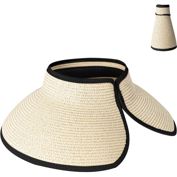Sun Visor Hats for Women Wide Brim Straw Beach Hat Ponytail Open Top Packable Sun Hat Women Foldable Summer Travel Beach Hats for Women