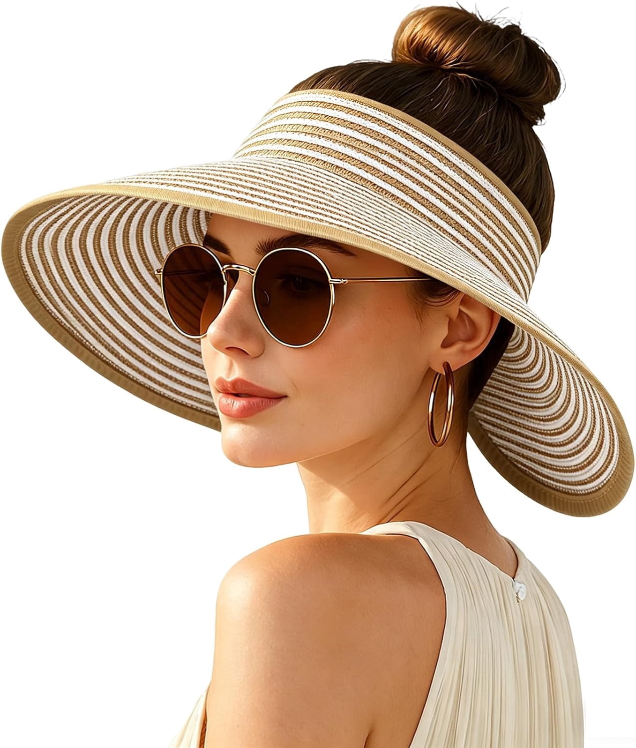 Packable Wide Brim Straw Sun Hat with Adjustable Ponytail Opening Women main image 4