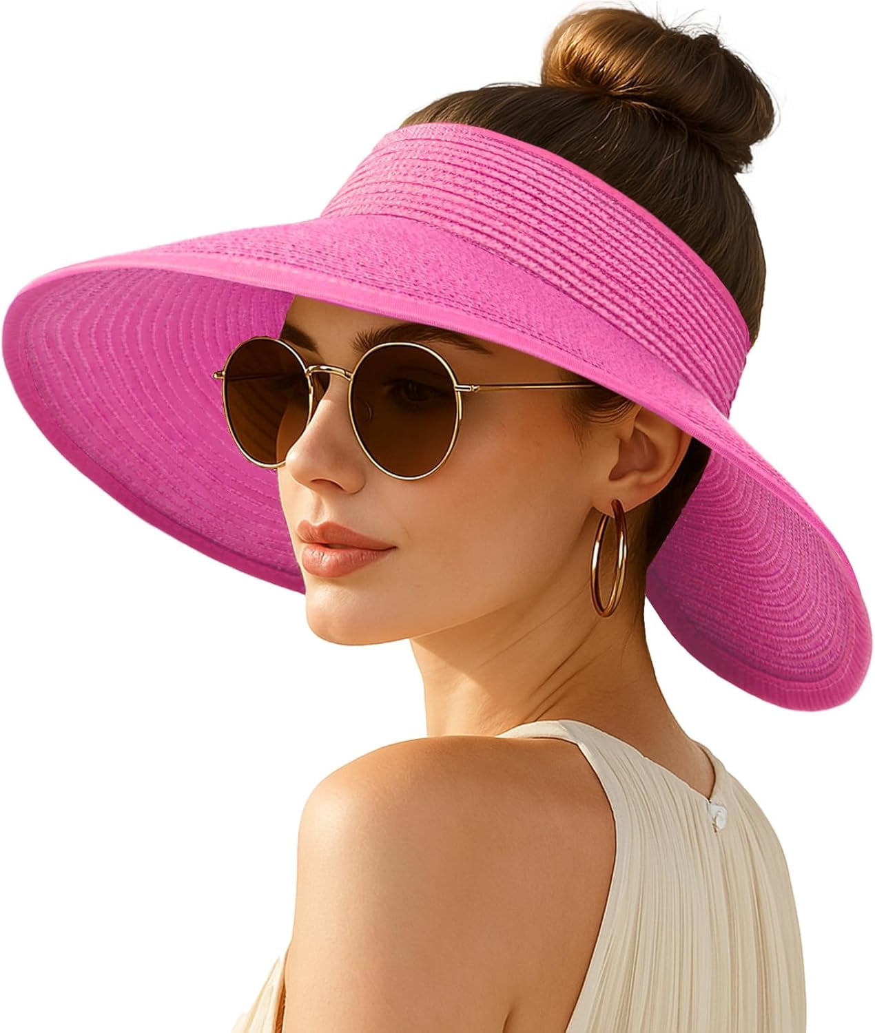 Sun Visor Hats for Women Wide Brim Straw Beach Hat Ponytail 