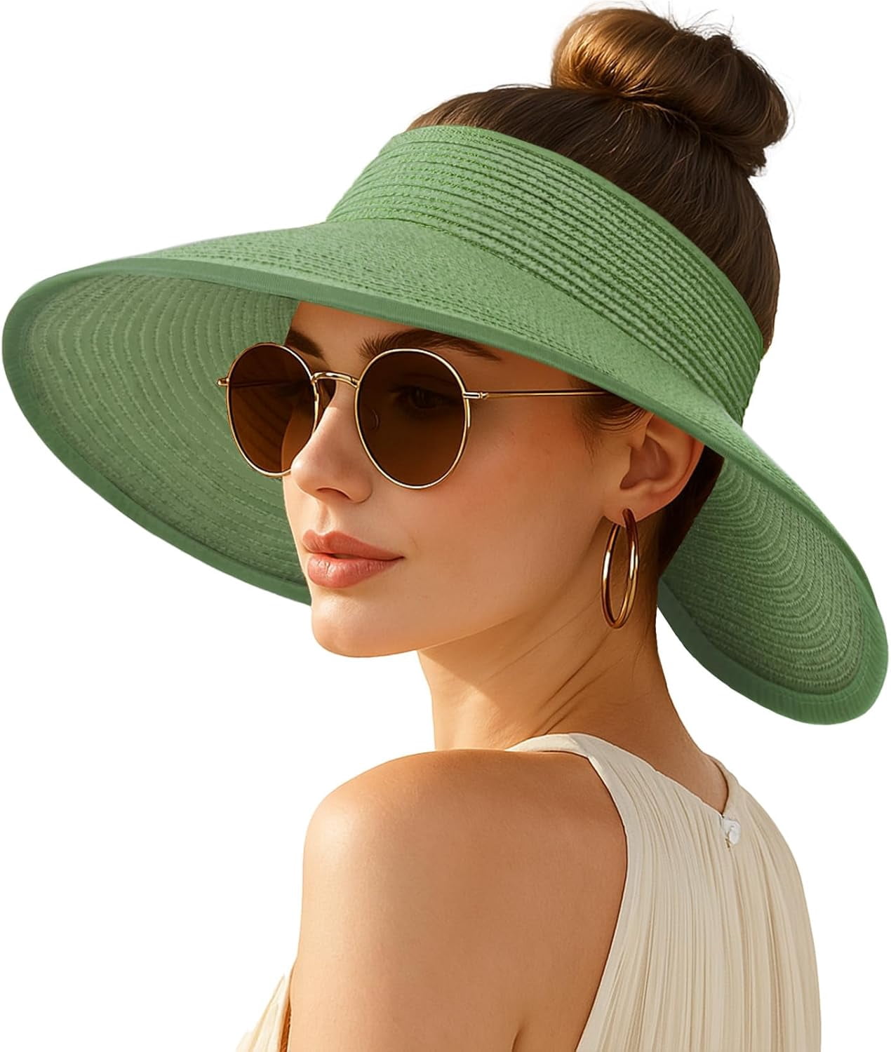 Wide Brim Straw Sun Hat with Open Top for Ponytail - Foldable Travel Beach Hat Sun Visor Hats for Women Wide Brim Straw Beach Hat Ponytail  main image 2
