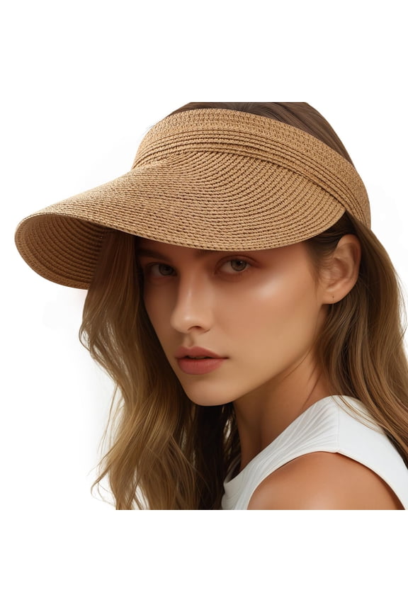 Sun Visor Hats for Women, Wide Brim Straw Beach Ponytail Hats, UPF 50+ Summer Adjustable Packable Foldable Topless Hat