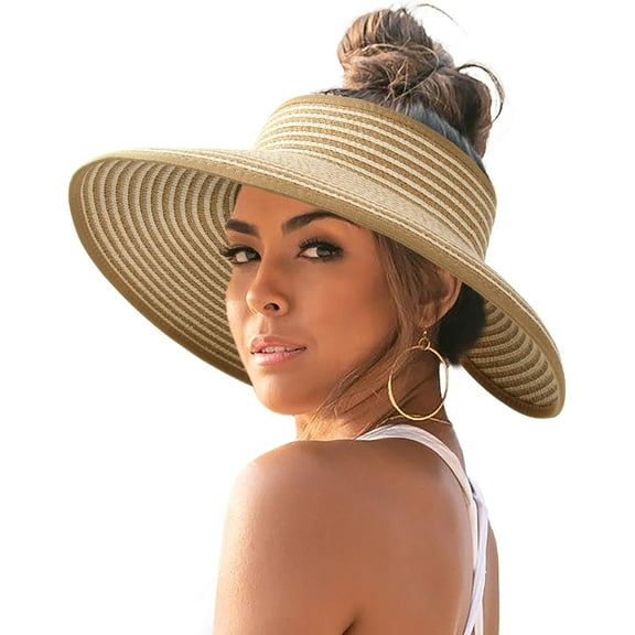 Sun Visor Hats for Women Wide Brim Straw Roll Up Ponytail Summer Beach Hat UV UPF 50 Packable Foldable Travel
