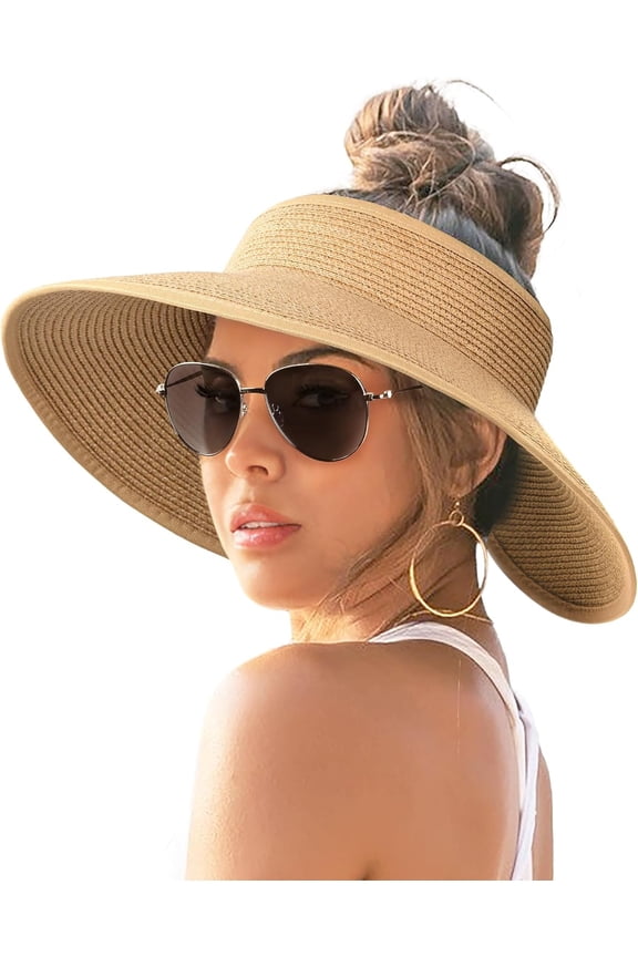 Sun Visor Hats for Women Wide Brim Straw Roll Up Ponytail Summer Beach Hat UV UPF 50 Packable Foldable Travel