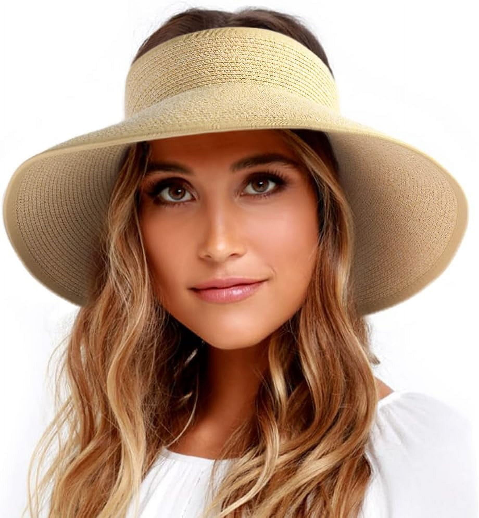 Sun Visor Hats for Women Wide Brim Straw Roll-Up Ponytail 