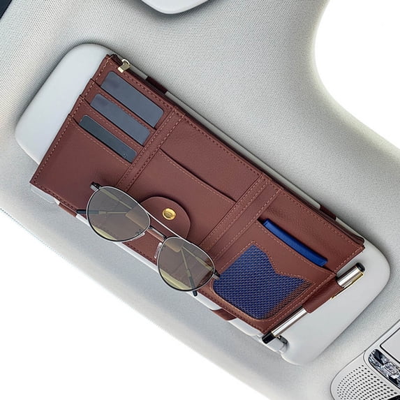 Sun Visor Organizer | Car Storage Pouch with Sunglasses Clip & Card Slots | 9-Pocket Leather Organizer for Documents, Keys, Phone & More | Easy Install with Rubber Bands