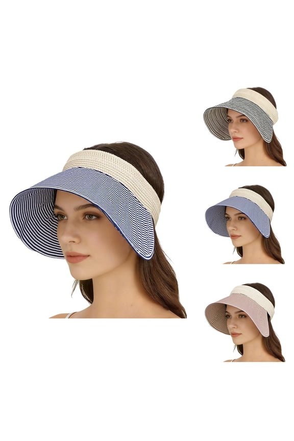 Sun Visor for Women Wrap Around Sport Headband Sun Protection Stylish Striped Large Brim Outdoor Straw Sun Hat
