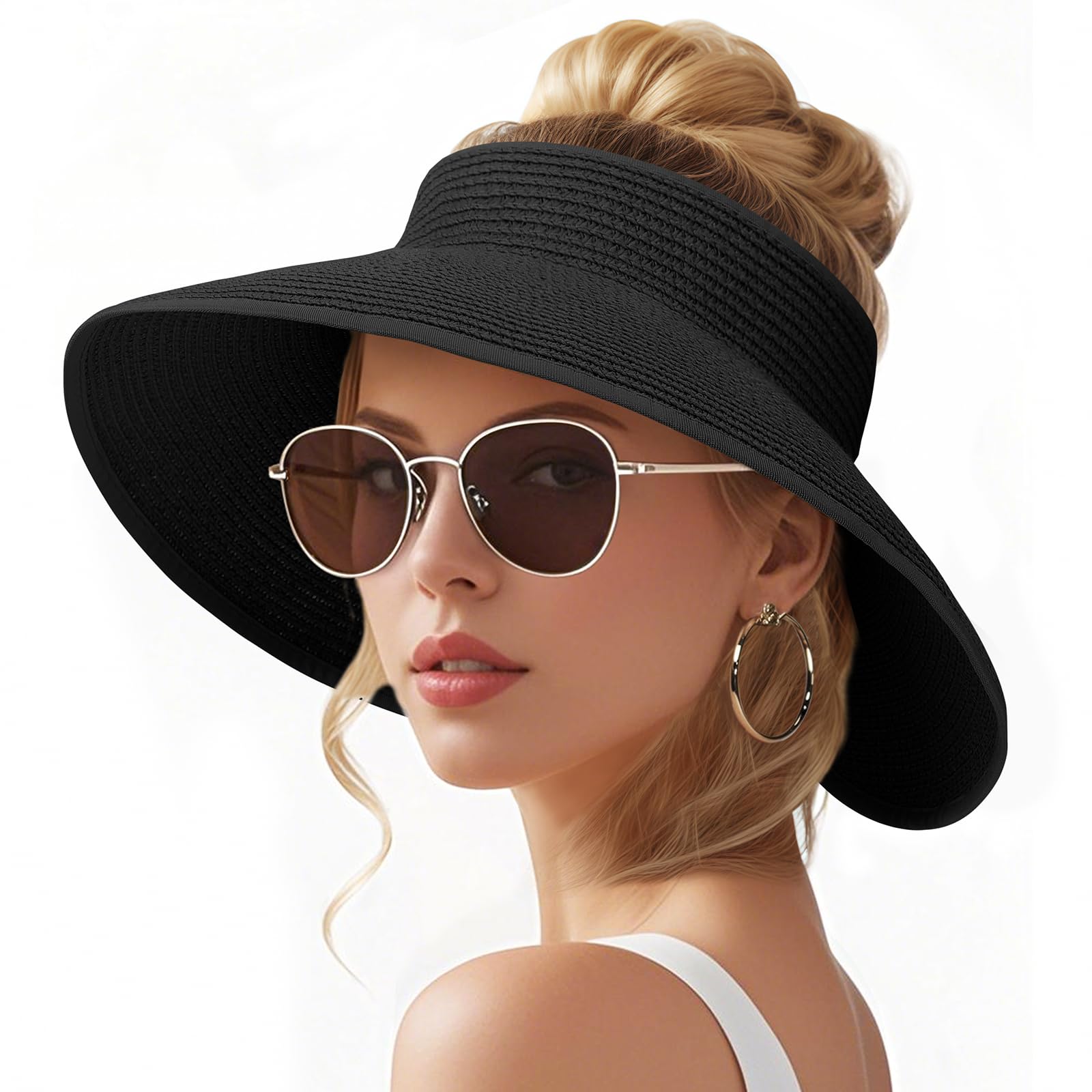 Kyzistn Cappello Con Visiera In Paglia Pieghevole, Tesa Larga 12,7 Cm, Protezione UV50+, Regolabile Per Coda Di Cavallo, Estate Spiaggia E Trekking, Nero