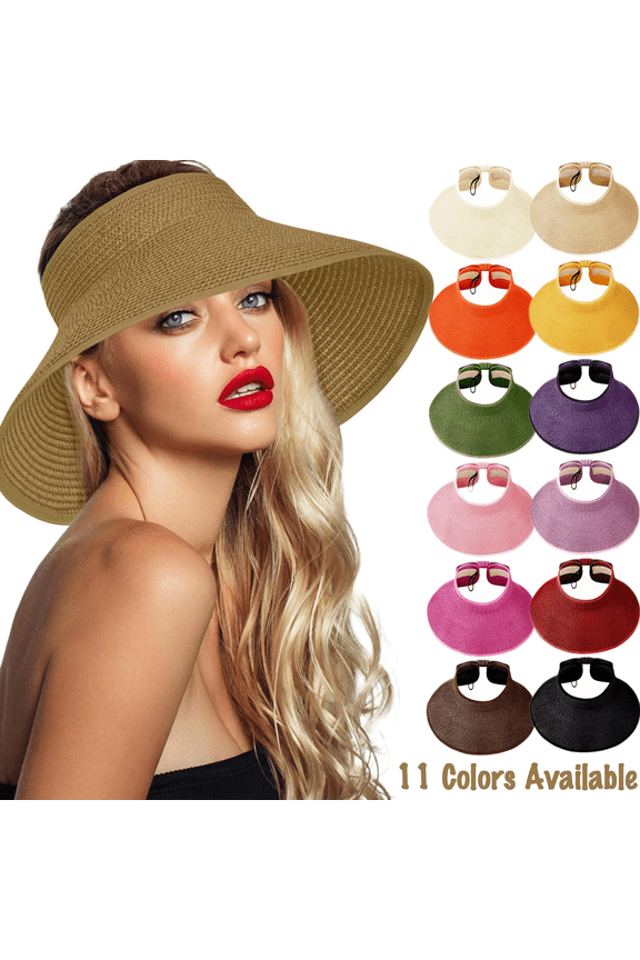 Sun Visors for Women Beach Hats Wide Brim Straw Hat Roll-up Foldable Ponytail with UV Protection Summer Travel Hat