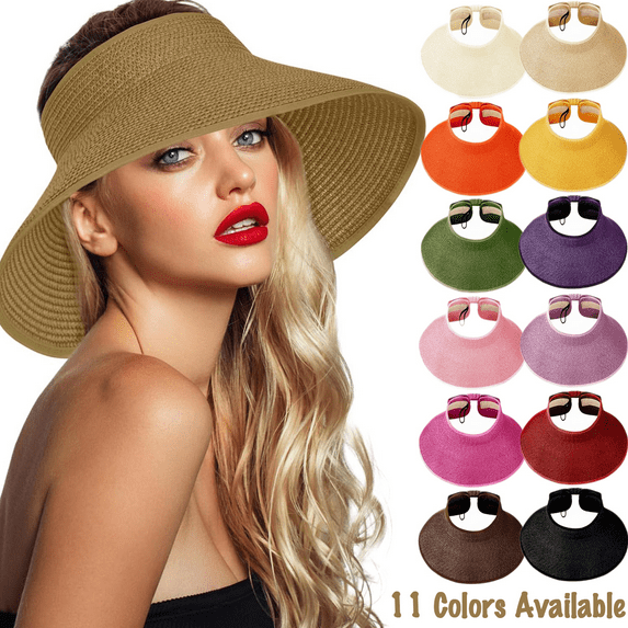 Sun Visors for Women Beach Hats Wide Brim Straw Hat Roll-up Foldable Ponytail with UV Protection Summer Travel Hat