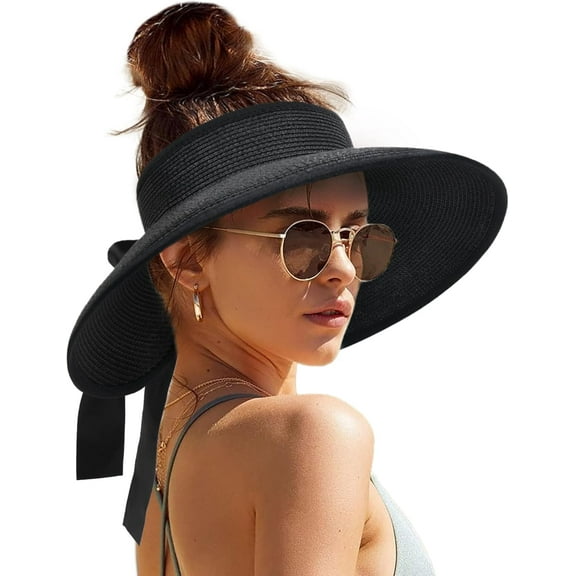 Sun Visors for Women Wide Brim Beach Hat Foldable Straw Visor Hat Ponytail Summer Packable UPF 50+