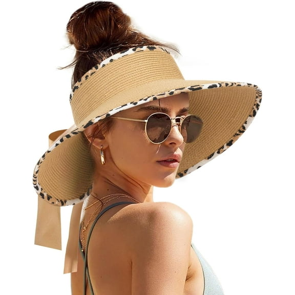 Sun Visors for Women Wide Brim Beach Hat Foldable Straw Visor Hat Ponytail Summer Packable UPF 50 