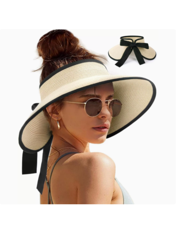 Sun Visors for Women Wide Brim Beach Hat Foldable Straw Visor Hat Ponytail Summer Packable