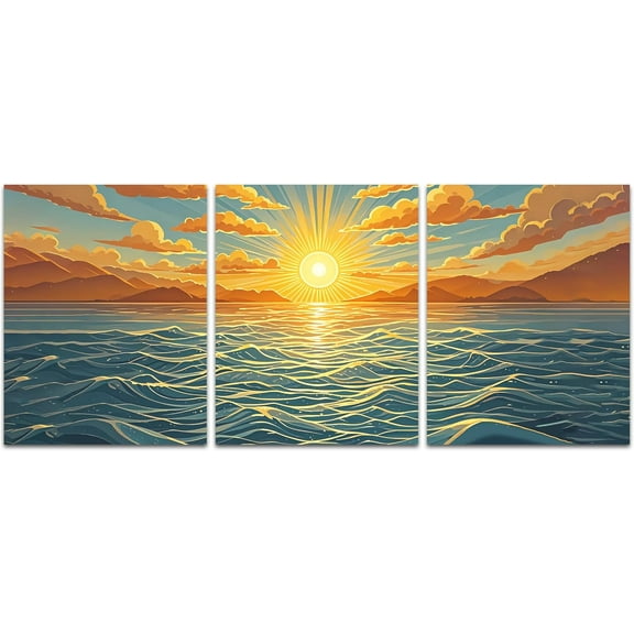 Sun Wall Art,Boho Ocean Sunset Canvas PrintsYellow Sun Poster Coastal Sunset Wall Print,Style for Living Room, Bedroom, Bathroom and Office Set of 3 (12"x16"in,Unframed)