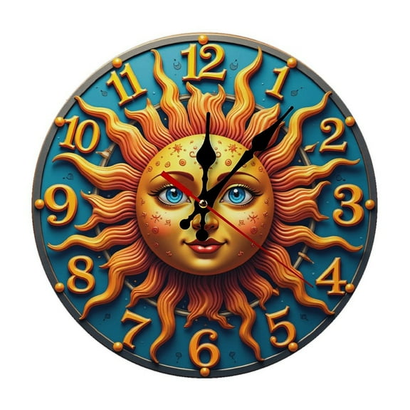 Sun Wall Clock 10 Inch Silent Non Ticking Round Clock Decoration for Living Room Kitchen Bedroom Bathroom Office Classroom