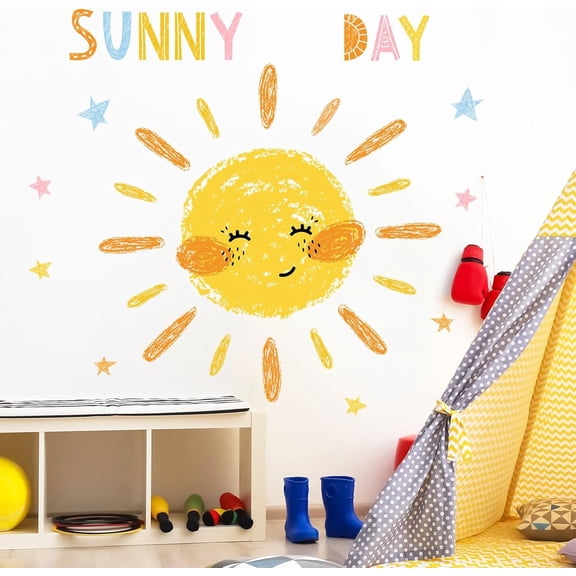Sun Wall Decals Watercolor Sunny Day Wall Stickers for Kids Room, Lovely Smile Sun Wall Decor Stickers Peel and Stick Colorful Star Decorations for Playroom Classroom Nursery