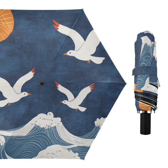 Sun Waves Seagulls Fly Retro All Weather Umbrella Triple Folding Parasol 6 Ribs UV Protection Portable