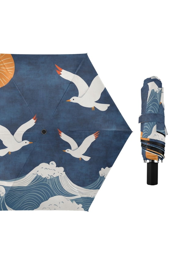 Sun Waves Seagulls Fly Retro All Weather Umbrella Triple Folding Parasol 6 Ribs UV Protection Portable
