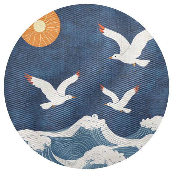 Sun Waves Seagulls Fly Retro PVC Round Grid Placemat Table Mat 1 Pc 15.4" x 15.4"
