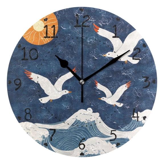 Sun Waves Seagulls Fly Retro Round Wall Clock Silent Analog Battery Operated Black Pointer Home Decor 9.84" Diameter