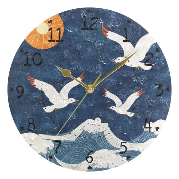 Sun Waves Seagulls Fly Retro Round Wall Clock Silent Analog Battery Operated Gold Pointer Home Decor 9.84" Diameter