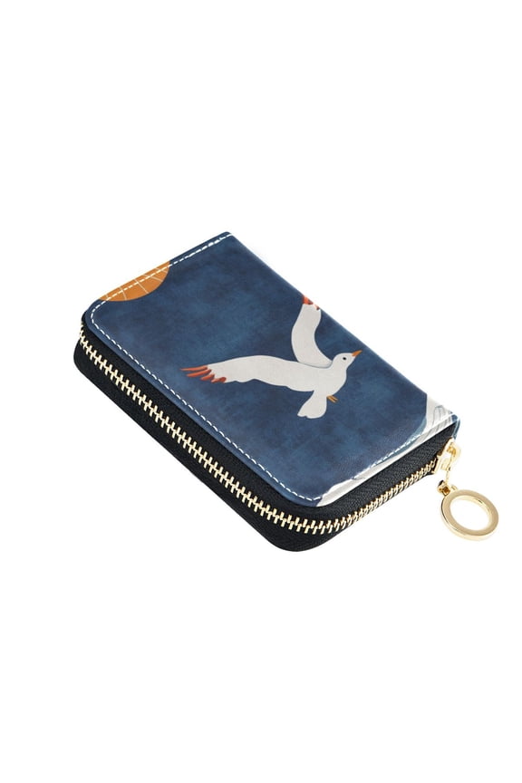 Sun Waves Seagulls Fly Retro Women's Credit Card Holder PU Leather Zipper Wallet RFID Blocking