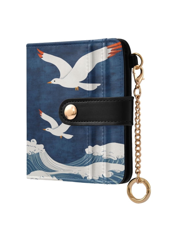 Sun Waves Seagulls Fly Retro Women's Wallet PU Leather Card Cases RFID Blocking Purse Billfold with Key Ring