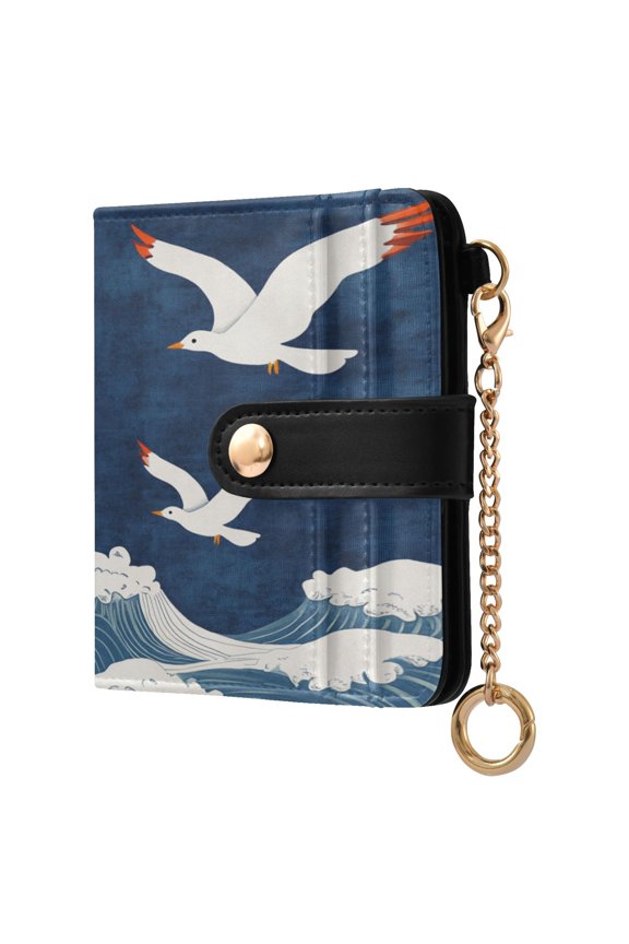 Sun Waves Seagulls Fly Retro Women's Wallet PU Leather Card Cases RFID Blocking Purse Billfold with Key Ring
